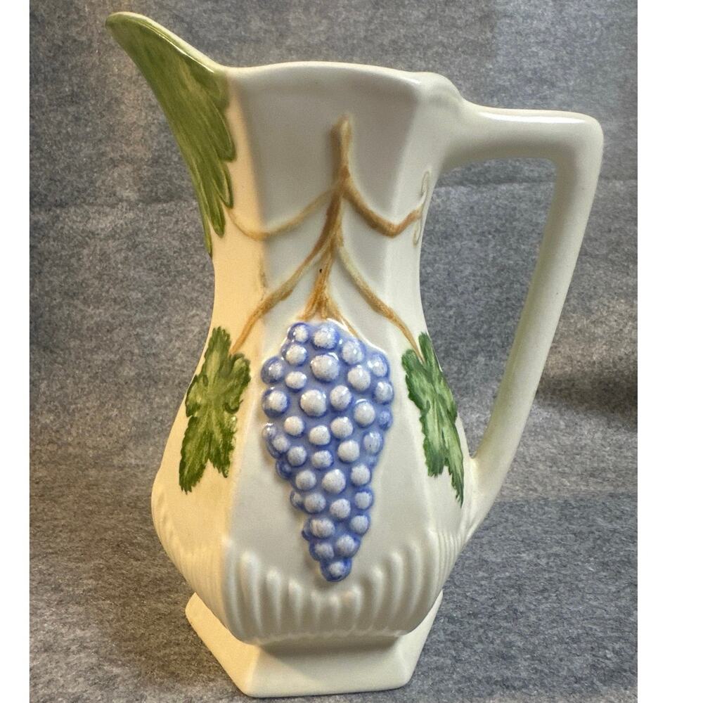 Mid Century Hand Crafted Glossy Grapes Motif Ceramic Pitcher White 7.5”-8." Tall